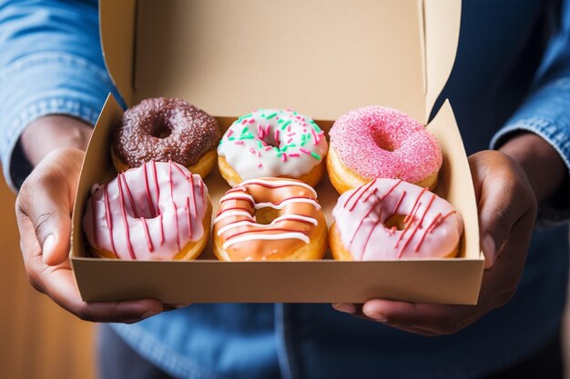 Foto persoon die een doos met smakelijke geglazuurde donuts vasthoudt