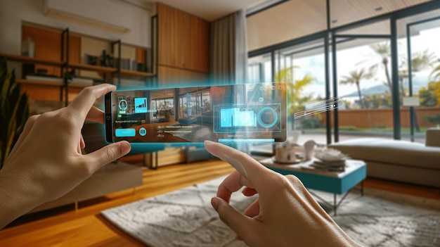 Persoon die een futuristische smartphone gebruikt met een transparante AR-interface in een moderne woonkamer