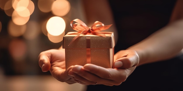 Persoon die een geschenkdoos vasthoudt die een aanmeldingsbonus voor Kerstmis symboliseert