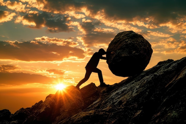 Foto persoon die een grote rots op een steil bergweg duwt silhouet van een zakenman die een rots bergafwaarts duwt, wat de strijd in het bedrijfsleven symboliseert.