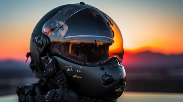 Persoon die een helm draagt met een achtergrond van zonsondergang