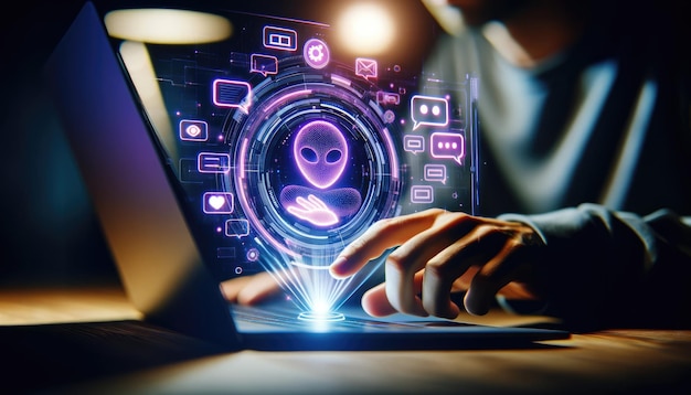 Persoon die een laptop gebruikt met een futuristische interface van kunstmatige intelligentie die de interactie van geavanceerde technologie symboliseert