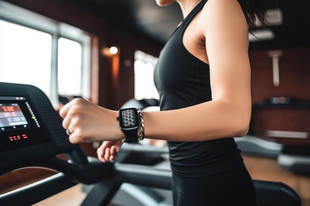 Persoon die een smartwatch en een fitnesstracker draagt die op een loopband draait, gemaakt met generatieve ai