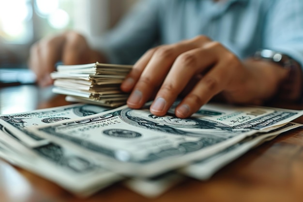 Foto persoon die een stapel geld op een tafel houdt