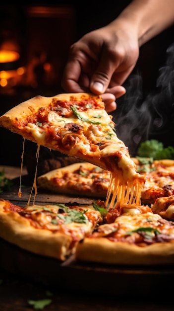 Foto persoon die een stuk pizza neemt van een stoomende hete taart