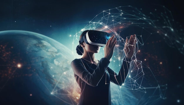 Persoon die een virtual reality-bril of een VR-headset draagt en in virtual reality speelt