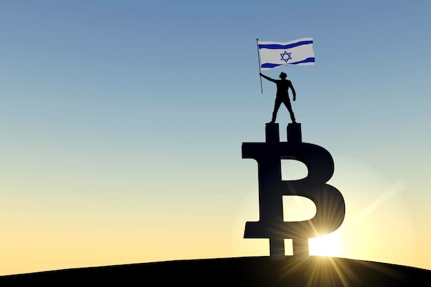 Persoon die een vlag van Israël zwaait die bovenop een bitcoin cryptocurrency-symbool staat d rendering
