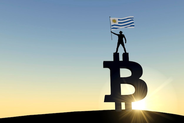 Persoon die een vlag van uruguay zwaait die bovenop een bitcoin cryptocurrency-symbool staat d rendering