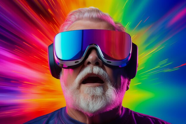 Foto persoon die een vr virtual reality headset-bril gebruikt voor gaming en onderwijs