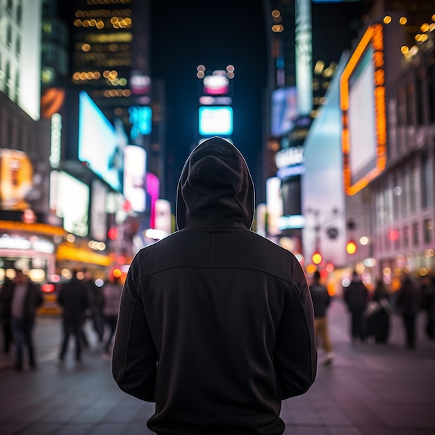 persoon die een zwarte mockup met capuchon en capuchon draagt in New York City Times Square