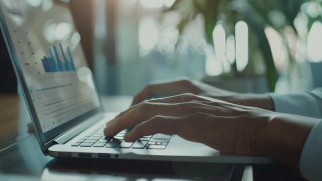 Persoon die gegevens analyseert op het scherm van een laptop te midden van de rust van binnenplanten