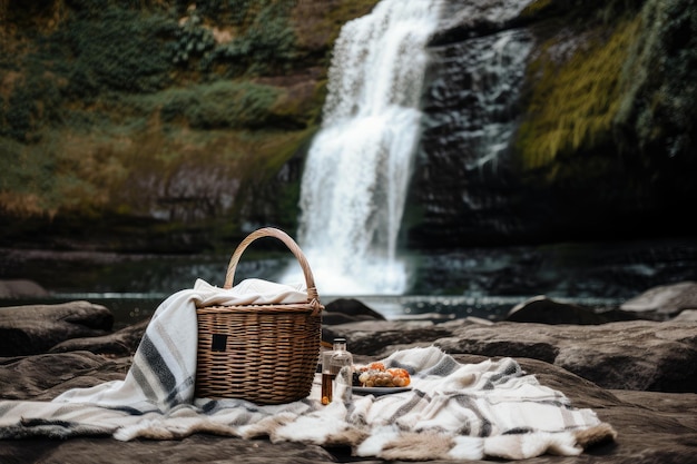 Persoon die geniet van een picknick voor een schilderachtige waterval met mand en deken