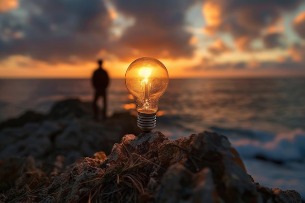 Foto persoon die getuige is van een prachtige zonsondergang met een gloeiende gloeilamp die een briljant idee symboliseert