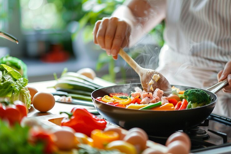 Persoon die groenten kookt in de keuken