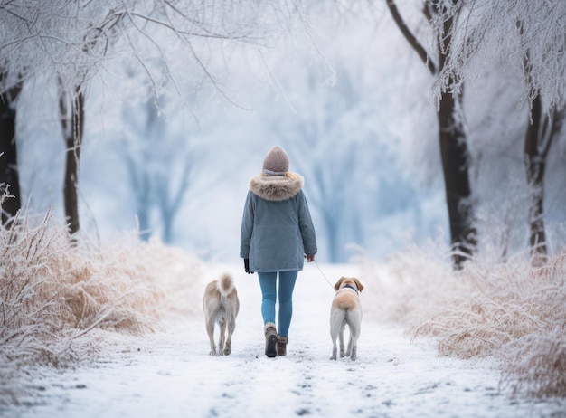 Foto persoon die haar hond in een bos in de sneeuw loopt