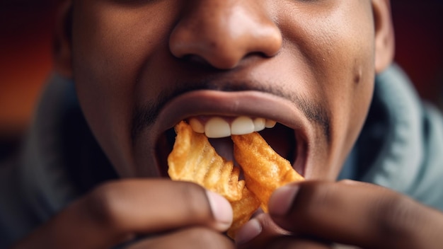 Foto persoon die heerlijke aardappelchips eet dicht bij de mond eet aardappelchips chips met tanden lekker