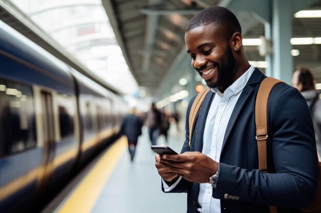 persoon die het smartphone gebruikt op het treinstation