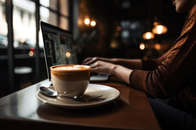 Persoon die in een café zit en zijn laptop bekijkt en koffie drinkt die is gemaakt met generatieve AI