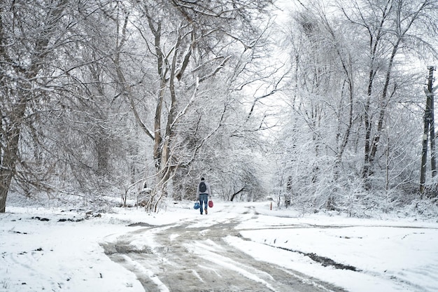 Persoon die in wit besneeuwd bos loopt.