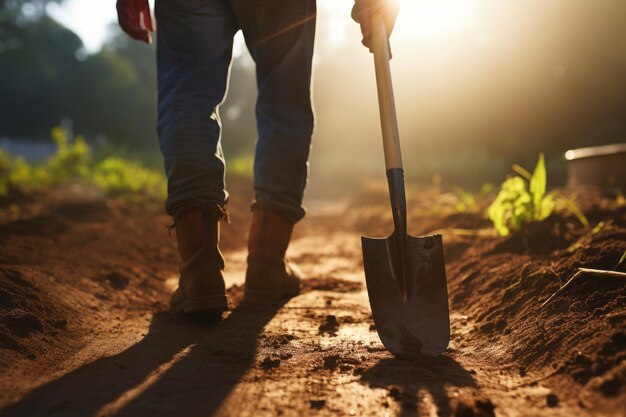 Persoon die met een schop op een vuilweg staat