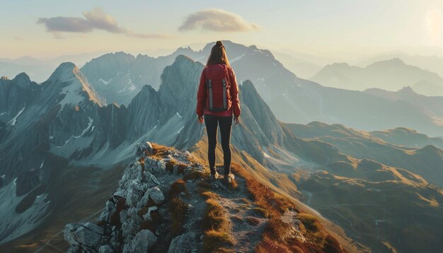 persoon die op de top van de berg staat Vrouw tegenover majestueus berglandschap uitzicht van achteren