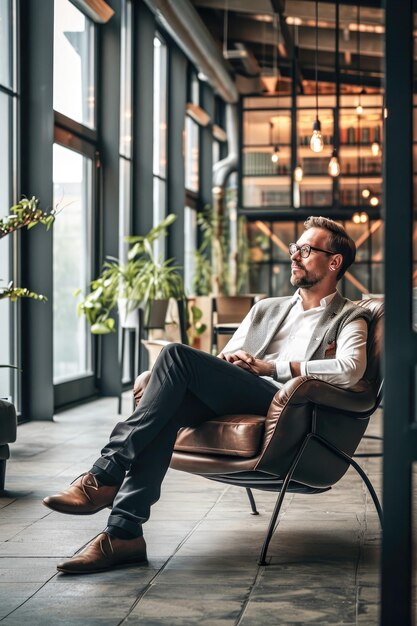 persoon die op een bankje zit in een coworkingruimte in een interieur in industriële stijl