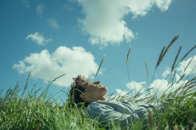 Foto persoon die op een grasveld ligt