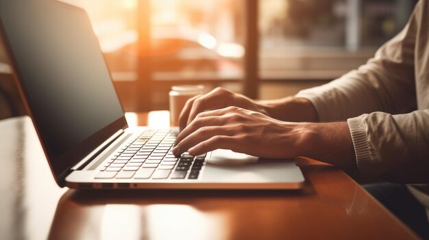 Persoon die op een laptop typt in een zonverlichte kamer