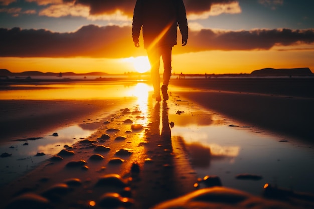 Persoon die op het strand loopt met de ondergaande zon op de achtergrond en wolken weerspiegeld in het natte zand Generatieve AI