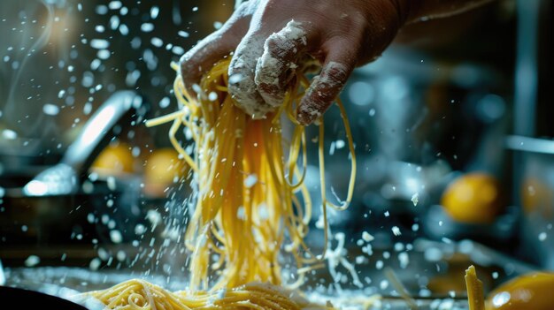 Foto persoon die pasta in een pan strooit, ideaal voor voedsel- en kookconcepten