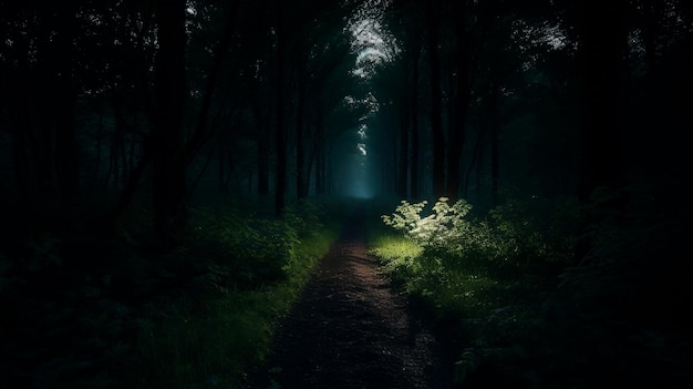 Persoon die's nachts door een donker bos vaart met een zaklamp in de hand