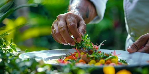 Persoon die salade op een wit bord snijdt