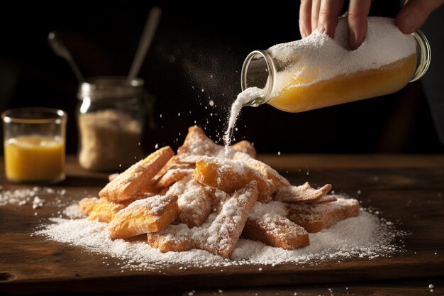 Persoon die suiker toevoegt aan tortas fritas