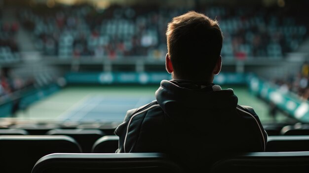 Persoon die van de tribune naar een tennismatch kijkt