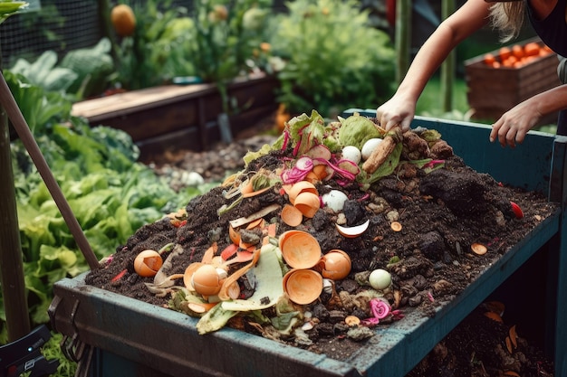 Persoon die voedselafval composteert in de achtertuin