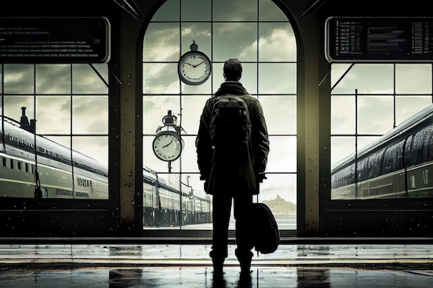 Persoon die wacht op het vertrek van de trein met uitzicht op het station op de achtergrond