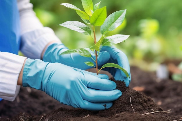 Persoon die zaailingen in de grond plant, werkt als vrijwilliger met generatieve AI van jonge boompjes