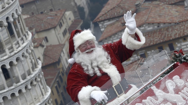 persoon die zwaait van de top van de leunende toren van Pisa Italië op kerstdag