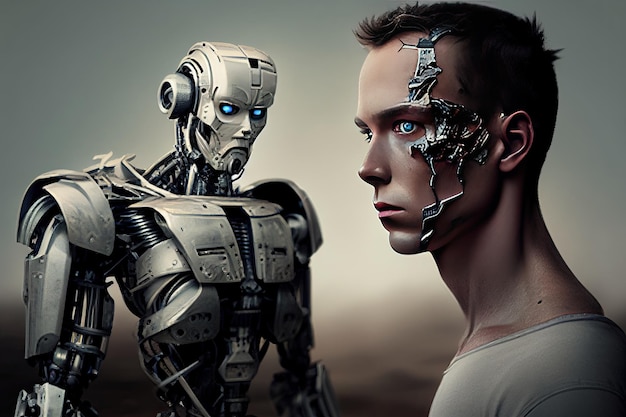 Persoon en robot portret man en android illustratie van technologie en toekomstige generatieve ai
