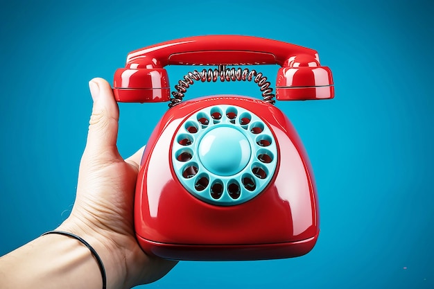 persoon hand houden vintage handset telefoon spreken geïsoleerd op blauwe kleur achtergrond