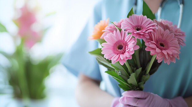 Persoon in blauwe scrubs met een boeket roze gerbera daisies met een softfocus achtergrond