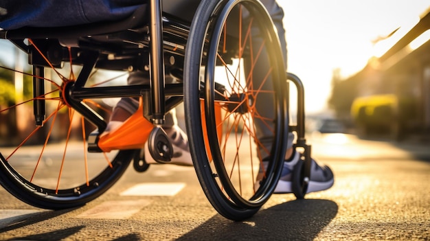 Persoon in een manuele rolstoel die bij een halte van het openbaar vervoer wacht en de nadruk legt op de toegankelijkheid van de stad en de integratie van gehandicaptenvriendelijke kenmerken in het openbaar vervoer