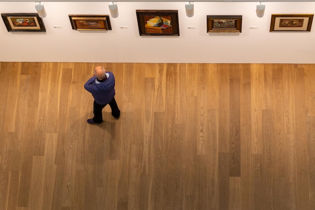 Foto persoon in een museum die de schilderijen observeert