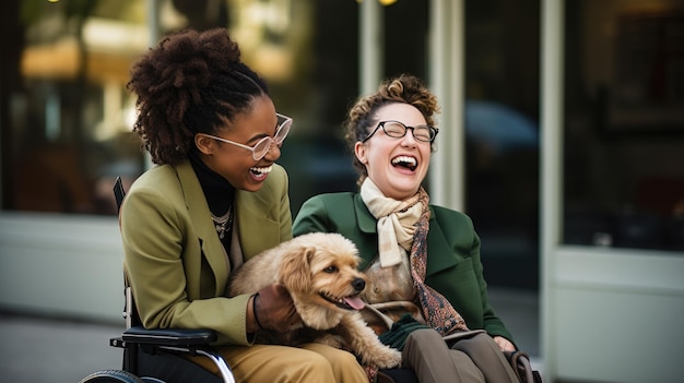 Foto persoon in een rolstoel en een persoon naast haar beide lachend vrolijk naar een hond die ze tussen hen houden