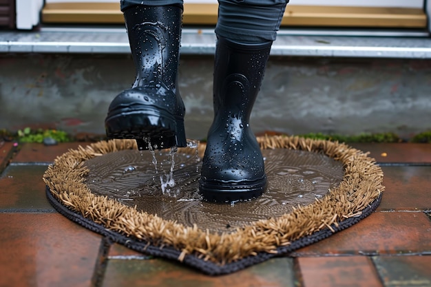 Foto persoon in regen laarzen stapt op een natte hartvormige deurmat