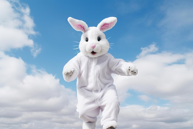Persoon in wit konijn kostuum viert Pasen in de open lucht