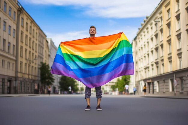 persoon met de LGBT vlag op straat