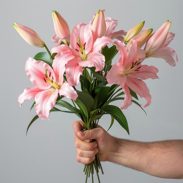 Persoon met een boeket roze bloemen