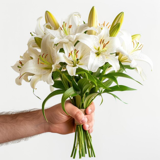 Persoon met een boeket witte bloemen