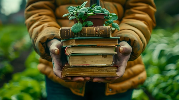 Persoon met een groene plant op een stapel vintage boeken buiten met natuur op de achtergrond